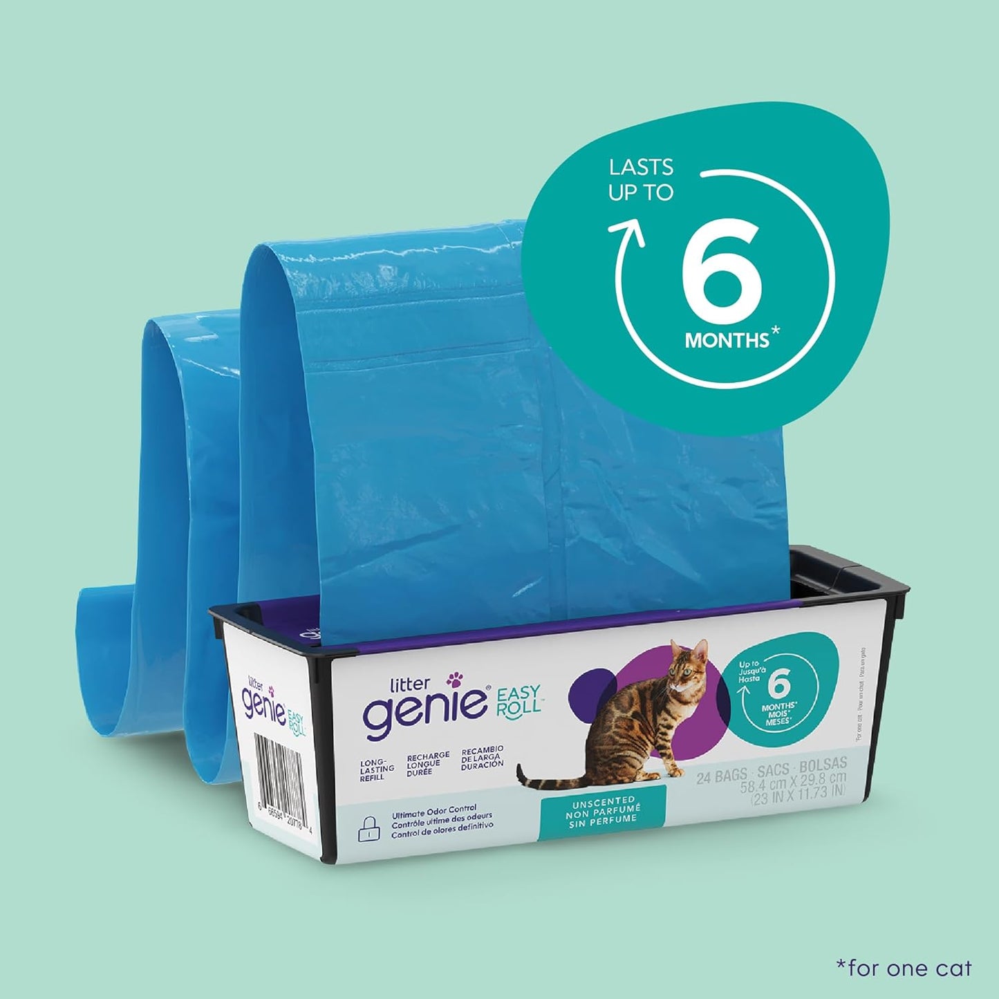 Litter Genie Easy Roll Refill Bags (1-Pack) | Up to 6 months of supply in 1 Roll of 24 tear-off Bags | Ultimate Odor Control Cat Litter Bags