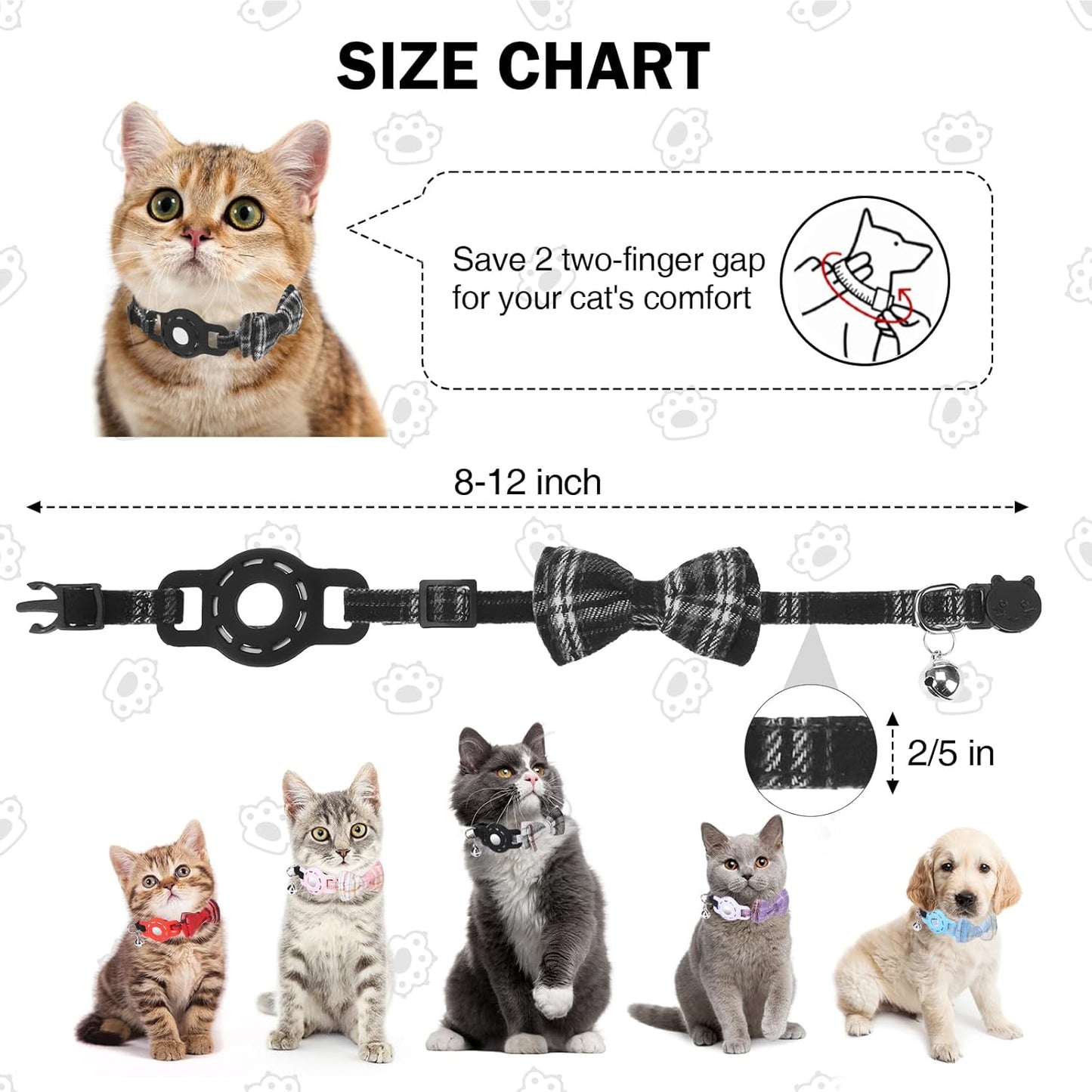 Airtag Cat Collar Breakaway, Cat Collar with Airtag Holder with Bells and Bowtie for Girl Boy Cats, Lightweight Adjustable Kitten Plaid Collars GPS Tracker Holder for Small Dogs Pets, Black