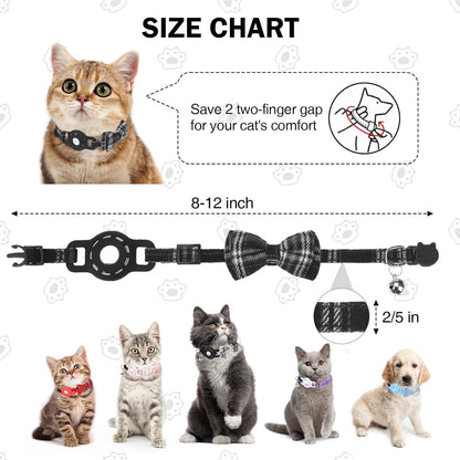 Airtag Cat Collar Breakaway, Cat Collar with Airtag Holder with Bells and Bowtie for Girl Boy Cats, Lightweight Adjustable Kitten Plaid Collars GPS Tracker Holder for Small Dogs Pets, Black