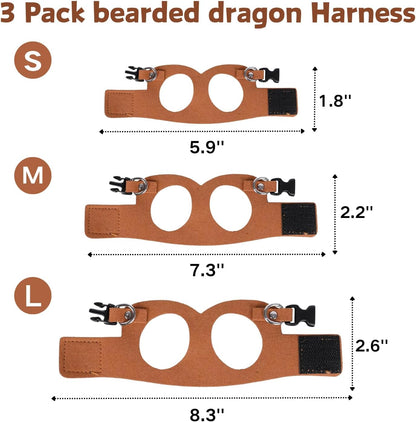 3 Pack Bearded Dragon Harness and Leash Set - Adjustable Soft Leather Lizard Harness Leash Small Animal Traction Rope Training Walking Vest Accessories for Reptile Squirrel Rat (Brown)