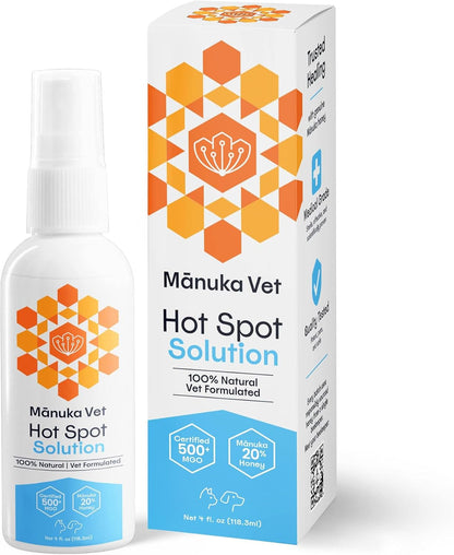 Manuka Vet Hot Spot Solution - 4 Fluid Ounces | 500+ MGO Medical Grade Manuka Honey | Rapid Healing & Skin Repair Treatment for Dogs, Horses and Cats |
