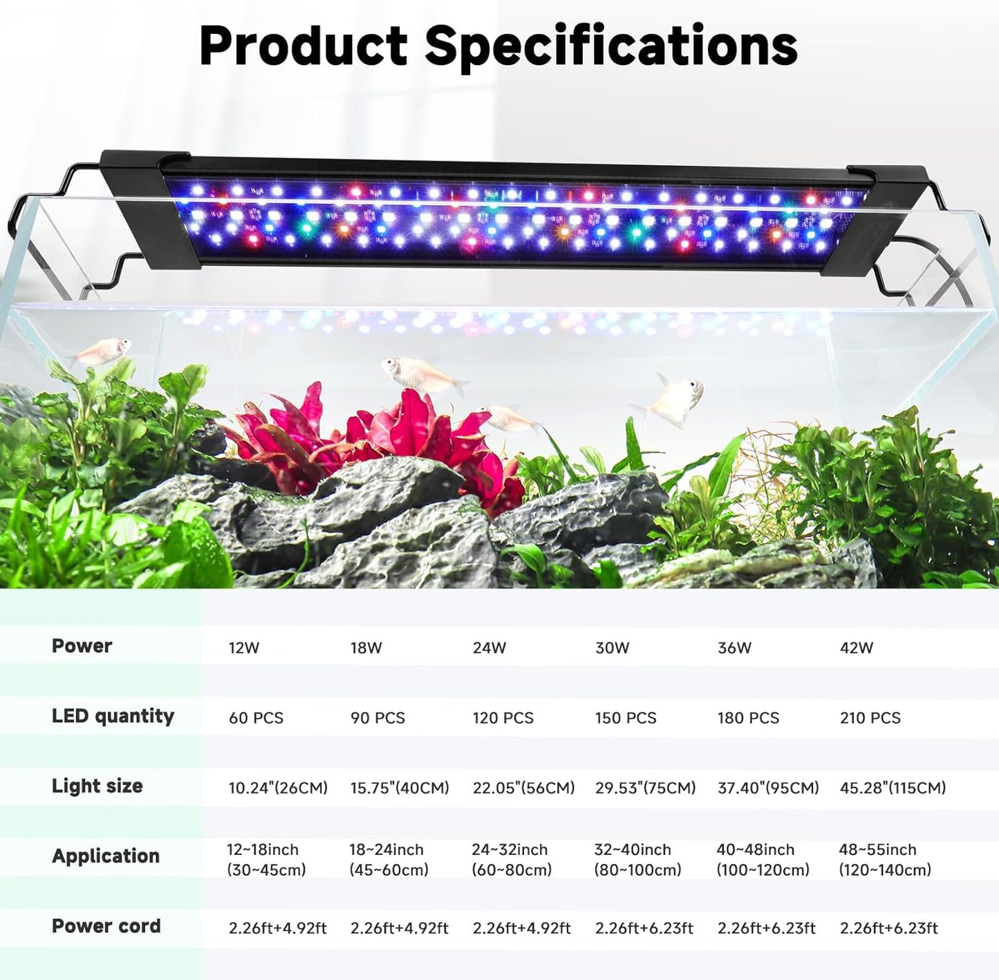 AQQA LED Aquarium Light, 24/7 Mode IP68 Waterproof Extendable Bracket Fish Tank Light, DIY Mode Full Spectrum Aquarium Plant Light, Adjustable Timer/Brightness Memory Function for 24-32 Inch Fish Tank