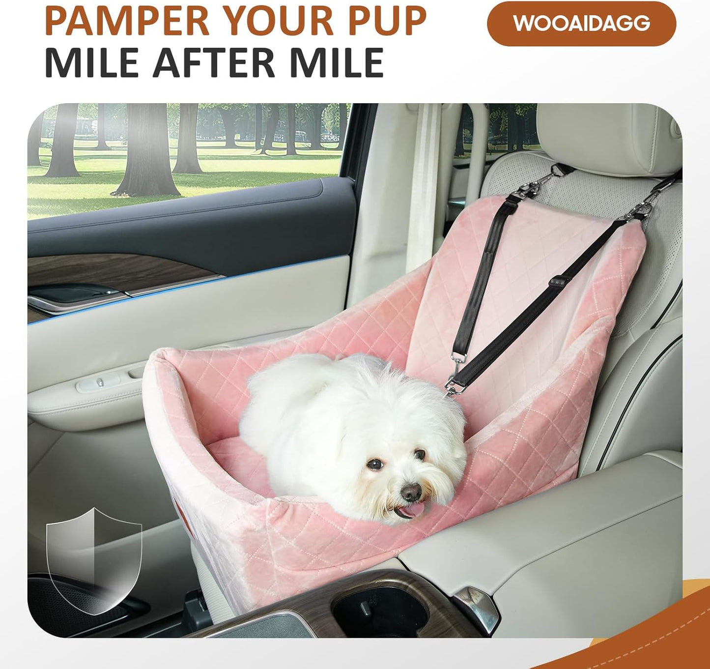 Dog Car Seat for Medium Dogs, Pet Travel Bed with Seat Belt Channel, Fully Detachable and Washable, 3 Straps Easy to Install (Pink)