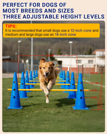 Dog Agility Course Backyard Set, Dog Agility Hurdle Cone Set with Height Adjustable Crossbar for Rehabilitation & Beginners, Dog Agility Equipment for Dog Obstacle Course - 18 Inch