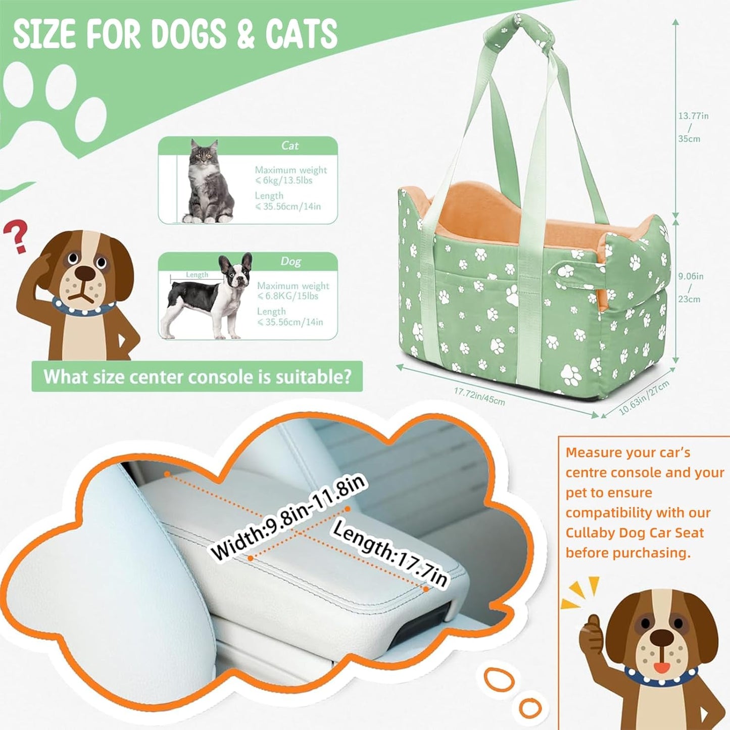 Cullaby Dog Center Console Car Seat for Small Dogs Under 15lbs,Detachable Washable Booster Pet Car Seat Travel Bed with Storage Pockets and Seat Belt(Green)