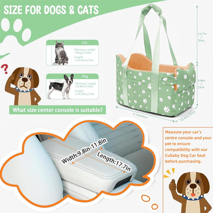 Cullaby Dog Center Console Car Seat for Small Dogs Under 15lbs,Detachable Washable Booster Pet Car Seat Travel Bed with Storage Pockets and Seat Belt(Green)