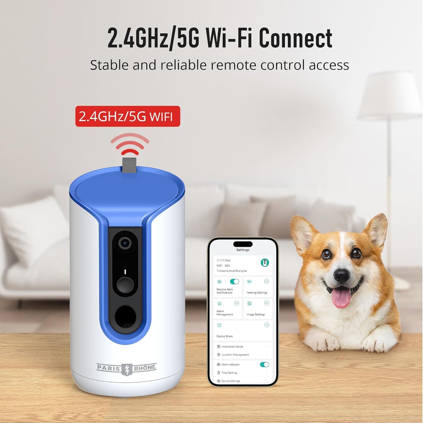 PARIS RHÔNE 2K Pet Camera, 360°View Dog Camera Treat Dispenser, 5G WiFi Pets Monitoring with Phone APP, Two-Way Audio, Infrared Night Vision, Barking Detection and Motion Alerts, Works with Alexa