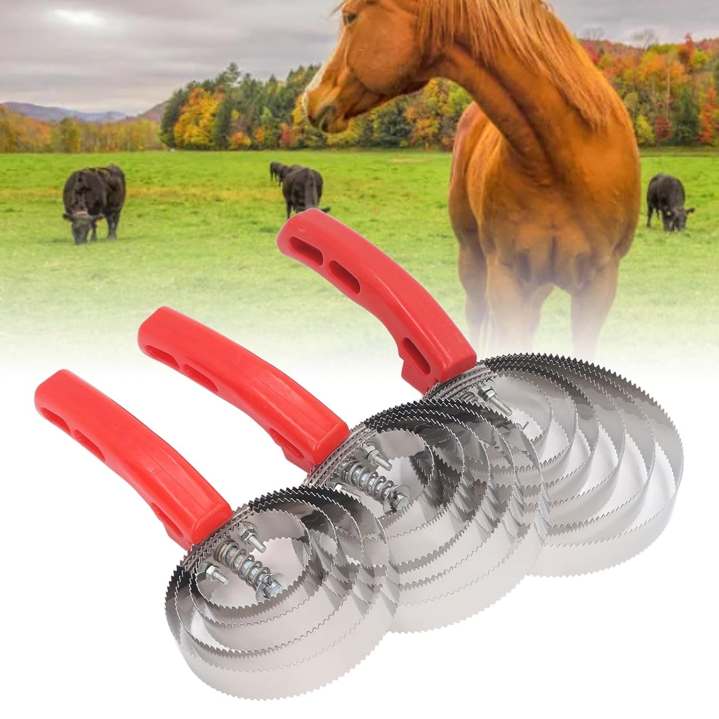 3pcs Horse Curry Comb Set, Stainless Steel Grooming Tools, Double Sided Multipurpose Comb with 4 Rings 5 Rings 6 Rings for Cattle Horse Goat Dogs, Durable and Comfortable Handle De