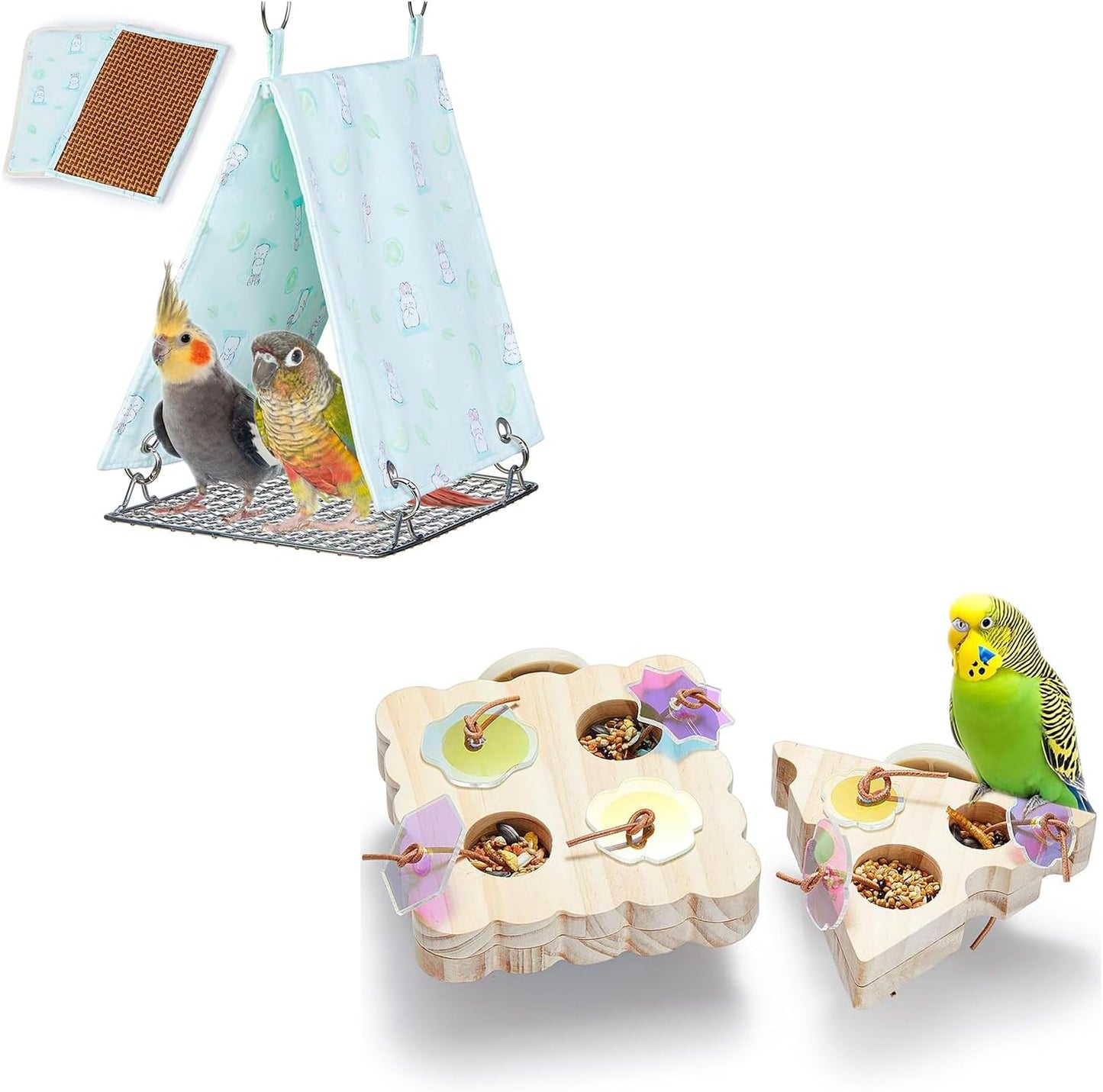 Bird Bed for Cage with Sturdy Bottom, Waterproof Bird Nest for Parakeet & 2Pcs Wooden Small Birds Foraging Toys, Interactive Parakeet Foraging Toys for Cage, Birds Enrichment Toyss