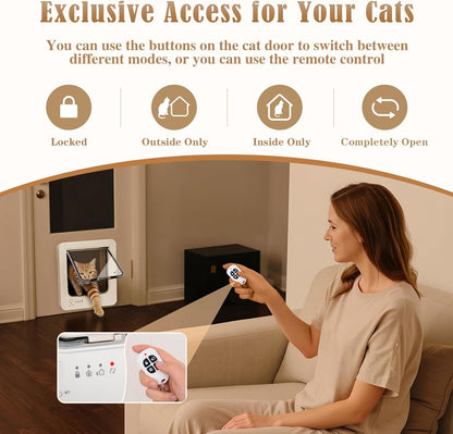 Smart Cat Door for Interior & Exterior, Flap Opening is 7.67’’ (H) by 7'' (W), RFID Cat Pet Door with 3 RFID Collar Sensor Keys & 1 Remote & 4 Way Locking Cat Flap, Automatic Opening Cat Door ﻿(White)