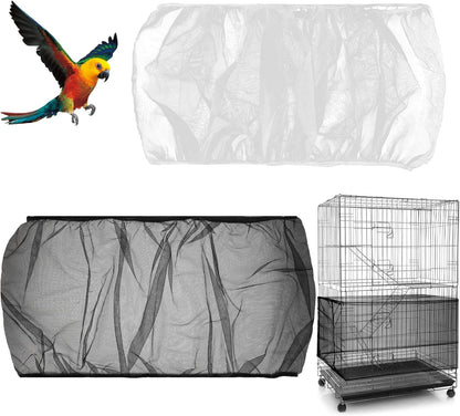 2PCS Adjustable Bird Cage Cover, Bird Cage Seed Catcher, Large Birdcage Cover, Airy Nylon Guard Net for Parrot Parakeet Macaw Round Square Cages (Black, White)