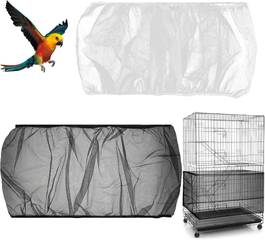 2PCS Adjustable Bird Cage Cover, Bird Cage Seed Catcher, Large Birdcage Cover, Airy Nylon Guard Net for Parrot Parakeet Macaw Round Square Cages (Black, White)