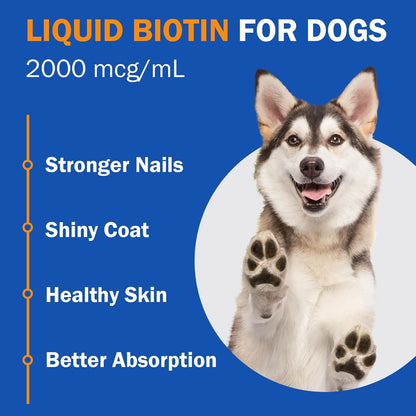 Liquid Biotin Supplement for Dogs, 2000 mcg, Strengthens Dog Nails, Promotes Healthy Coat & Skin with Biotin and Collagen, Slows Down Dog Shedding, Relieves Dry Skin, Faster Absorption, 2 oz
