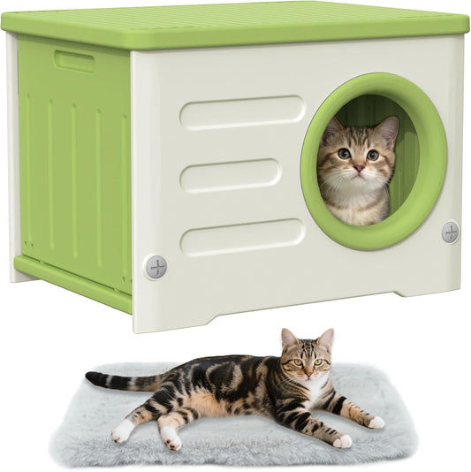 Outdoor Cat House Weatherproof&Insulated,Plastic Waterproof Elevated Cat Shelter Stackable Pet House Cat Wave for Outdoor Indoor Use with Bed Cushion（Green）