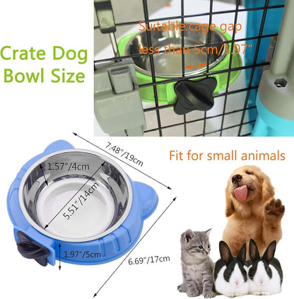 Hamiledyi Crate Dog Bowl 2 PCS Cat Removable Water Food Feeder Bowls with Bolt Holder Stainless Steel Hanging Suitable for Small Pet Dog Cat Bird (Blue+Green)