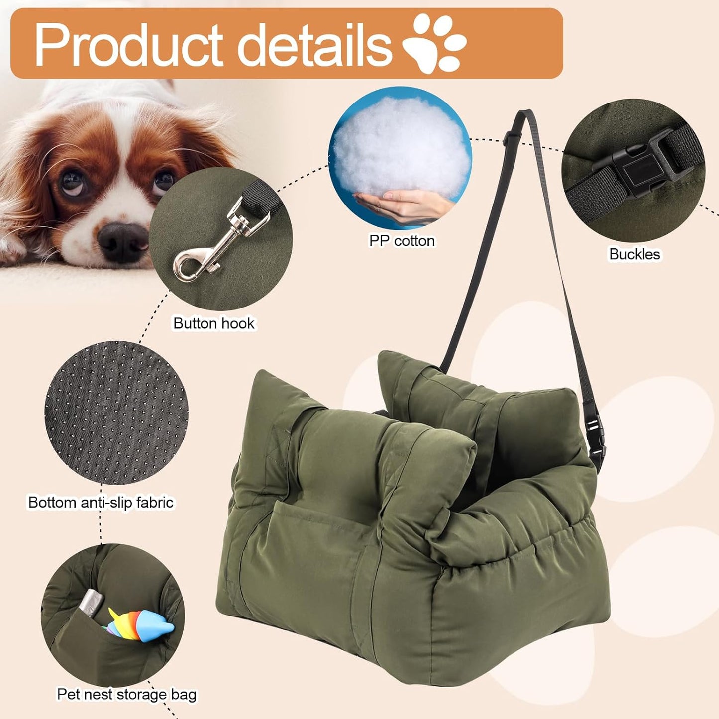 Small Dog Car Seat Up to 15lbs - Pet Travel Bed Booster with Storage, Safety Tether, Anti-Slip Bottom for Cars(Green)