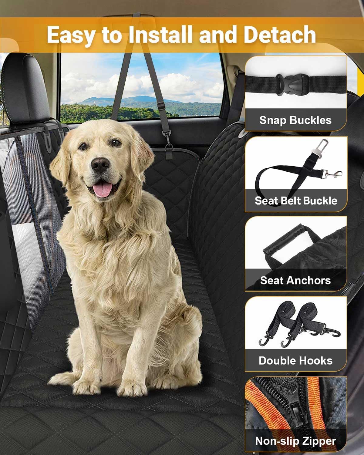 Dog Car Seat Cover, 600D Heavy Durable Dog Seat Cover for Back Seat, 100% Waterproof Scratch Proof Nonslip Dog Hammock for Car with Side Flap, Pet Back Seat Covers for Car with Seatbelt Black