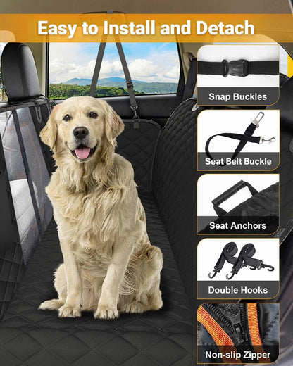 Dog Car Seat Cover, 600D Heavy Durable Dog Seat Cover for Back Seat, 100% Waterproof Scratch Proof Nonslip Dog Hammock for Car with Side Flap, Pet Back Seat Covers for Car with Seatbelt Black