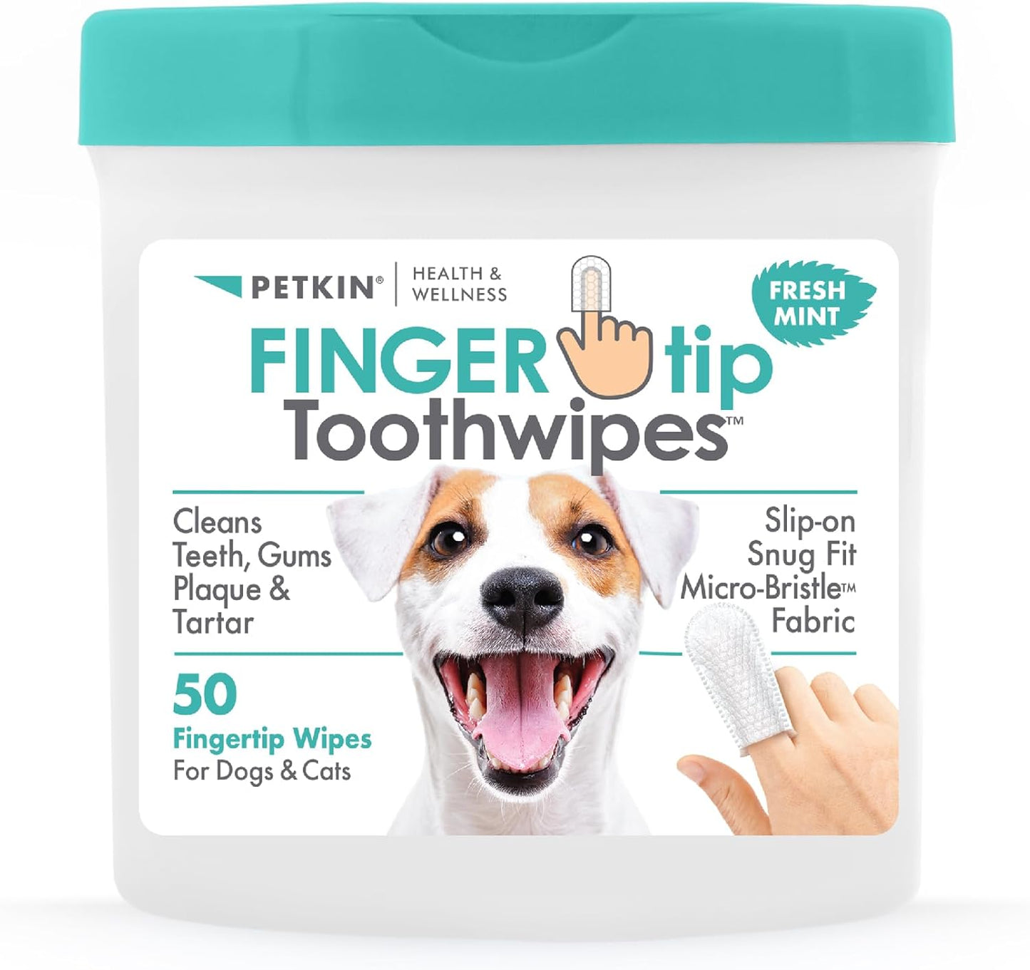 Petkin Fingertip Tooth Wipes for Dogs and Cats, 50 Finger Wipes - Slip-On, Snug Fit, Micro-Bristle Fabric - Cleans Teeth, Gums, Plaque & Tartar - Convenient, Ideal for Home and Travel - Fresh Mint