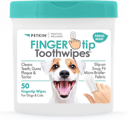 Petkin Fingertip Tooth Wipes for Dogs and Cats, 50 Finger Wipes - Slip-On, Snug Fit, Micro-Bristle Fabric - Cleans Teeth, Gums, Plaque & Tartar - Convenient, Ideal for Home and Travel - Fresh Mint