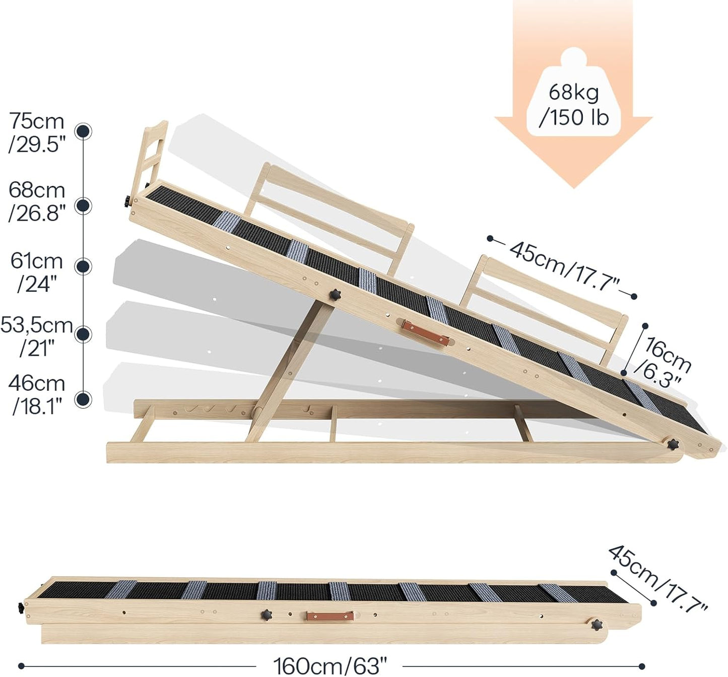 HOOBRO Dog Ramp for Bed, 63" Long Folding Pet Ramp with Non-Slip Mat and Safety Side Rails, 5 Height Adjustable up to 29.5", Wooden Dog Ramp for Couch, for Small/Large Dogs, Natural and Black NB46PT03