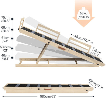 HOOBRO Dog Ramp for Bed, 63" Long Folding Pet Ramp with Non-Slip Mat and Safety Side Rails, 5 Height Adjustable up to 29.5", Wooden Dog Ramp for Couch, for Small/Large Dogs, Natural and Black NB46PT03