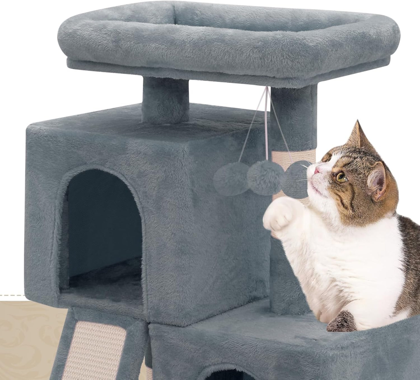 Athena Collection Small Cat Tree, Modern 34 Inch Cute Cat Tree Tower with Scratching Post 2 Condo Activity Platform and Playing Ball for Indoor, Light Grey