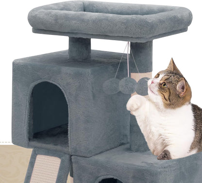 Athena Collection Small Cat Tree, Modern 34 Inch Cute Cat Tree Tower with Scratching Post 2 Condo Activity Platform and Playing Ball for Indoor, Light Grey