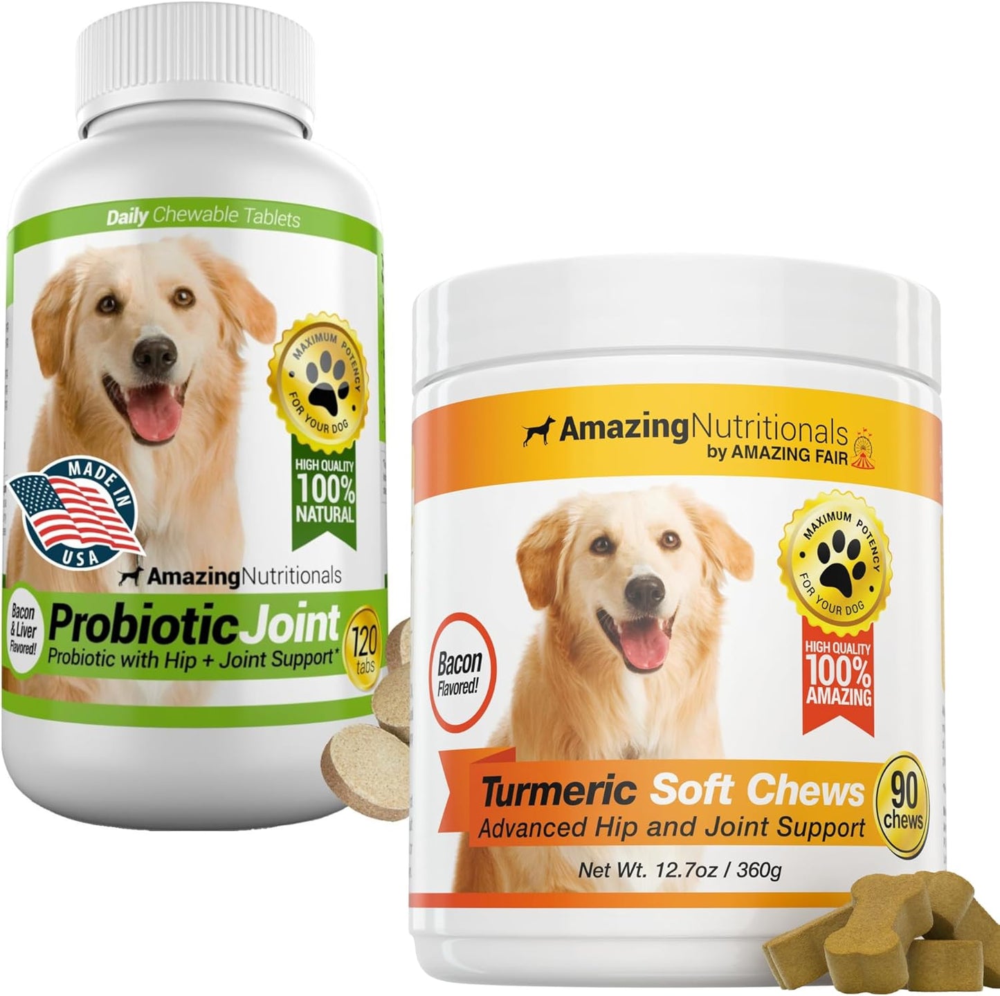 Probiotics for Dogs Digestive Turmeric Joint Support Bundle - Eliminates Joint Pain Inflammation, Incontinence, Gas and Diarrhea
