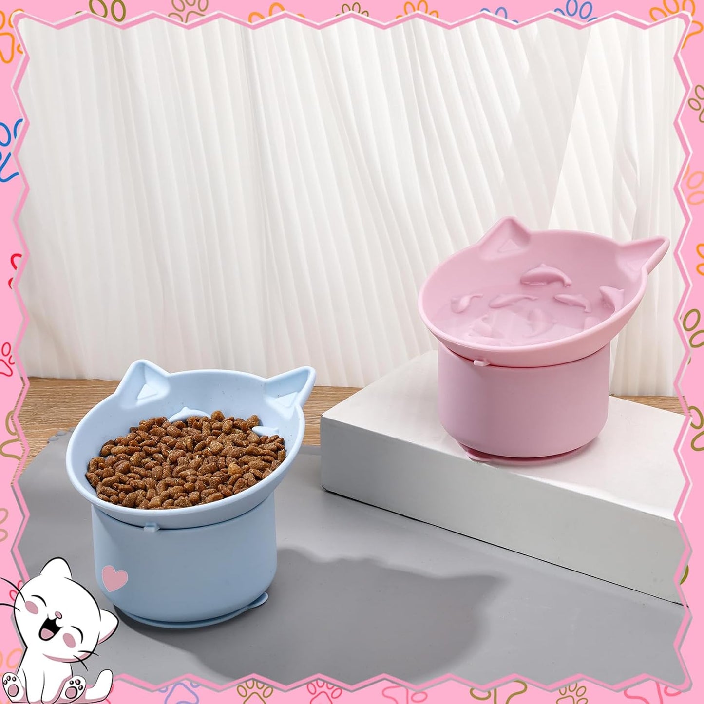 2 Pack Pink, Blue Slow Feeder for Cat Bowls, Silicone Tilted Raised Pet Bowl with Non Slip Base for Digestion Anti Vomit
