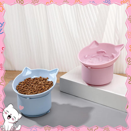 2 Pack Pink, Blue Slow Feeder for Cat Bowls, Silicone Tilted Raised Pet Bowl with Non Slip Base for Digestion Anti Vomit