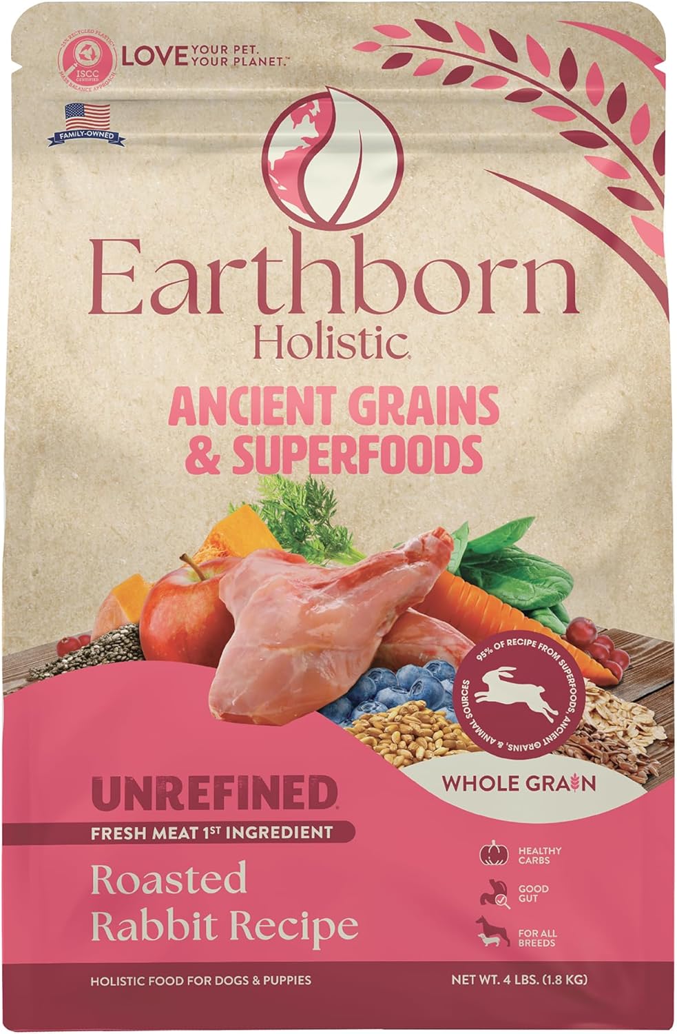 Earthborn Holistic Unrefined Roasted Rabbit with Ancient Grains & Superfoods Dry Food for Dogs & Puppies (4 lb. Bag)