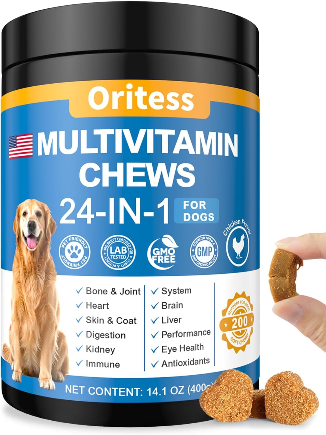 Dog Vitamins and Supplements 200 Chews 24-in-1 Multivitamin Chewable for Dogs with Glucosamine Probiotics Omega-3 Dog Chewable for Coat, Heart, HIPS & Joints, Digestion & Immune System