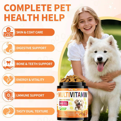 Dog Multivitamin, 500 Crunchy & Tasty Chew - Supports Daily Energy, Heart Health, Skin & Coat with Taurine, Krill Oil Omega-3, B Complex Vitamins & Zinc - Daily Multivitamin for All Breeds & Ages