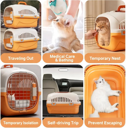 Hard Top Load Cat Carrier,Airline Pet Carrier,Cat Carrier Hard Shell, 360° Ventilation, Front Metal Door, Secure Latches,Includes Feather Wand,Hiking Car Travel Crate for Cats Small Dogs (Gray Set)