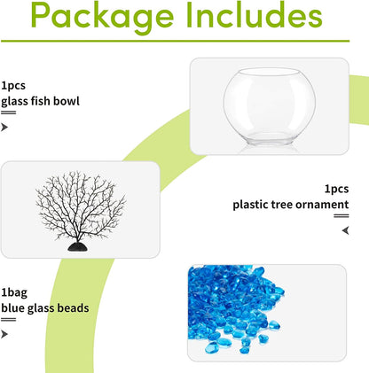 hygger Mini Glass Oblate Fish Bowl Kit, Small Fish Tank Comes with Blue Aquarium Decor Stones and Plastic Fan Branch Tree Ornament