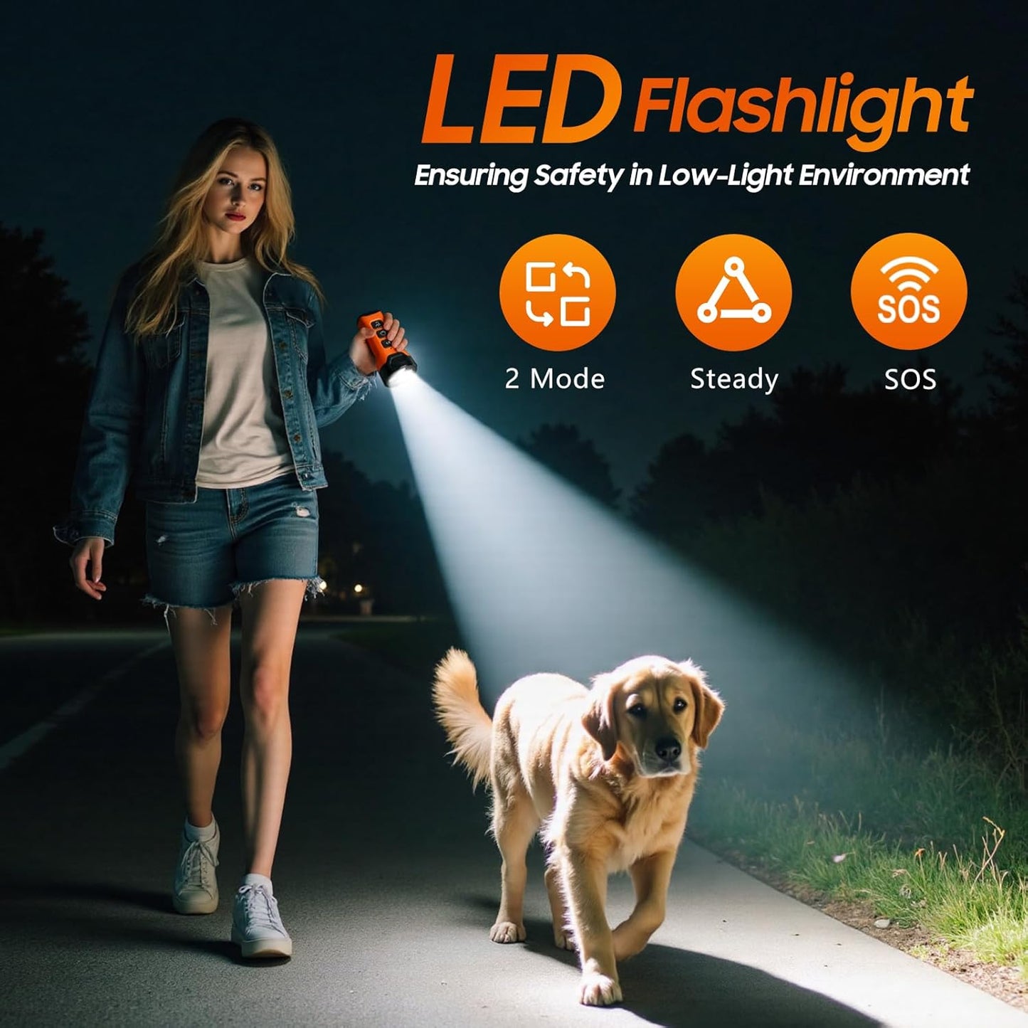 Dog Bark Deterrent Device, 3X Sonic Emitters, Dual-Frequency Bark Control, Flashlight & Sound Modes, Humane No-Bark Trainer, Safety Lock, USB-C Rechargeable (Orange)