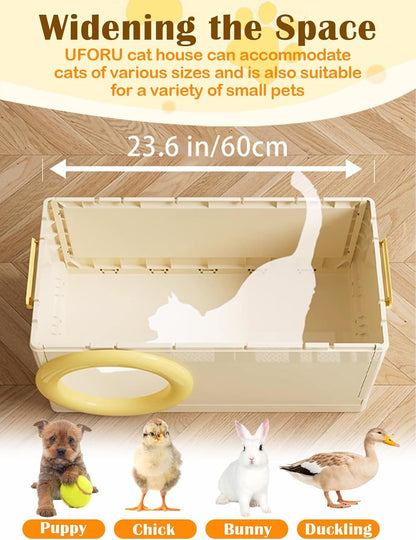 3 in 1 Plastic Cat House with Scratching Board, Foldable Feral Cat Shelter with Pet Supply Storage Bin, Waterproof Weatherproof for Outdoor Indoor Use