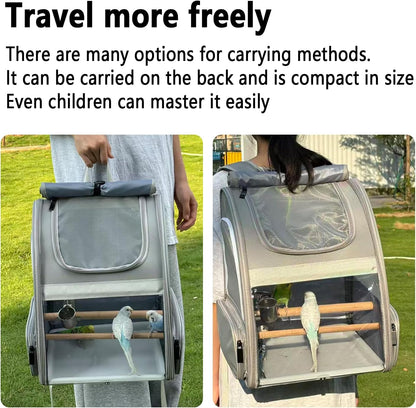 Bird Carrier,Travel Bird Cage,Bird Backpack for Small Birds Parakeet,Canary,Parrot, Finches,Cockatiel.Portable Outdoor Bird Bag with 2 Wooden Perch, Double-Clamp Cup, Detachable Poop Tray (Gray)