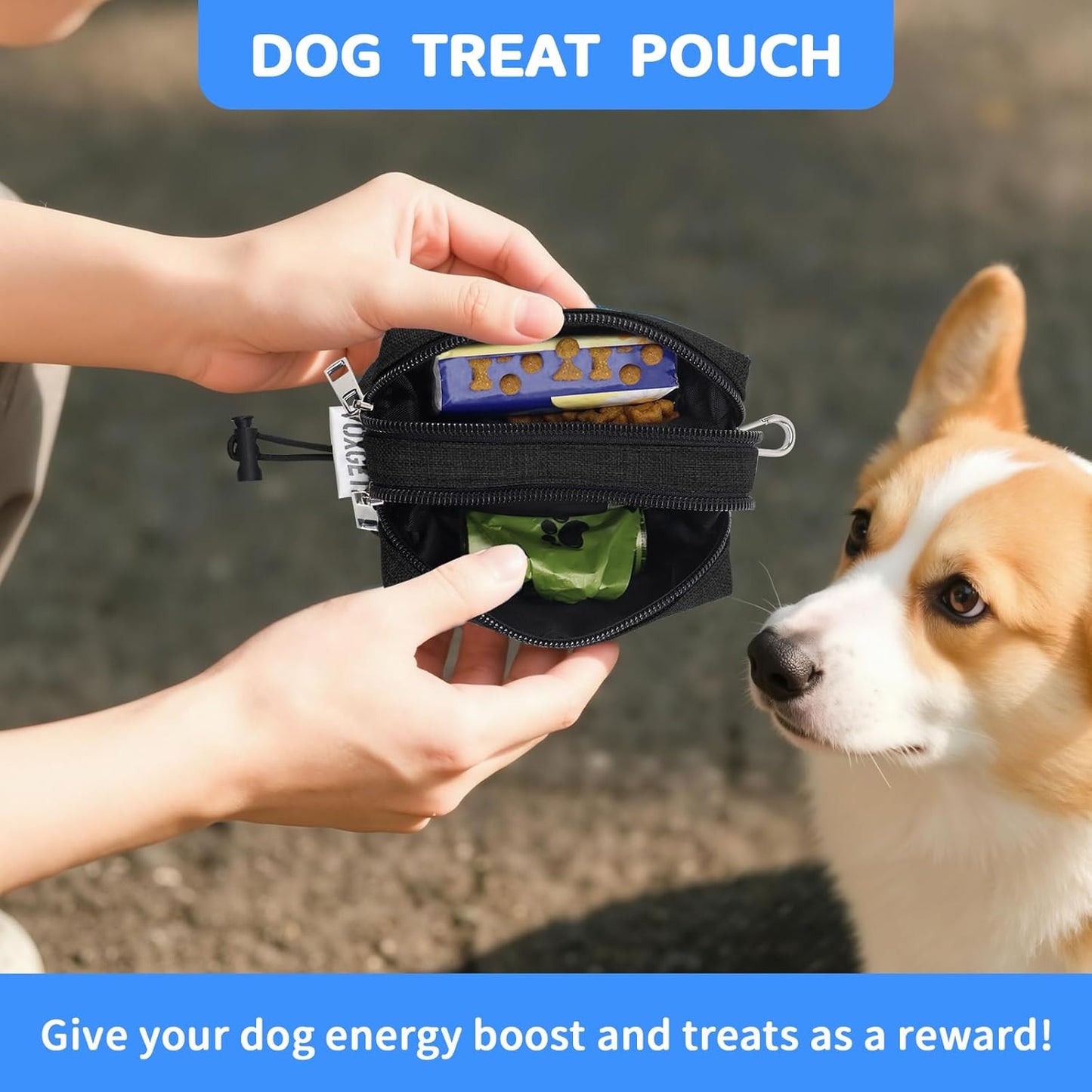 Dog Poop Bag Holder for Leashes, Puppy Treat Pouch Carrier with 2 Zipper Pockets and Clip for Pets Doggy Training, Dog Waste Bag Dispenser with 1 Roll Poop Bags for Walking Accessories (Black)