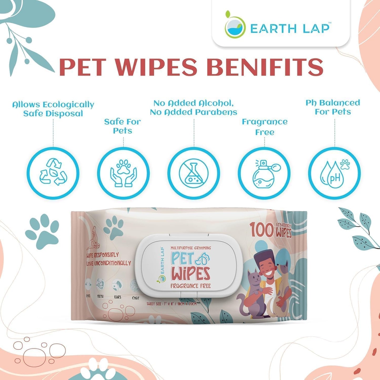 100% Biodegradable Premium Pet Wipes | Grooming Wet Wipes for Dogs, Cats, Puppies & Small Pets | Dry Bathing, Grooming Paws, Body, Ears and Butt, Fragrance-Free 1200 Count (100 * 12 Pack)