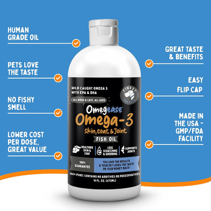 Omegease Fish Oil for Dogs & Cats - Finest for Pets Omega 3 for Cats & Dogs - Supplement for Skin & Coat, Itching, Shedding, Joints & Immune Health - 100% Pure Omega Fish Oil with EPA & DHA (32 oz)