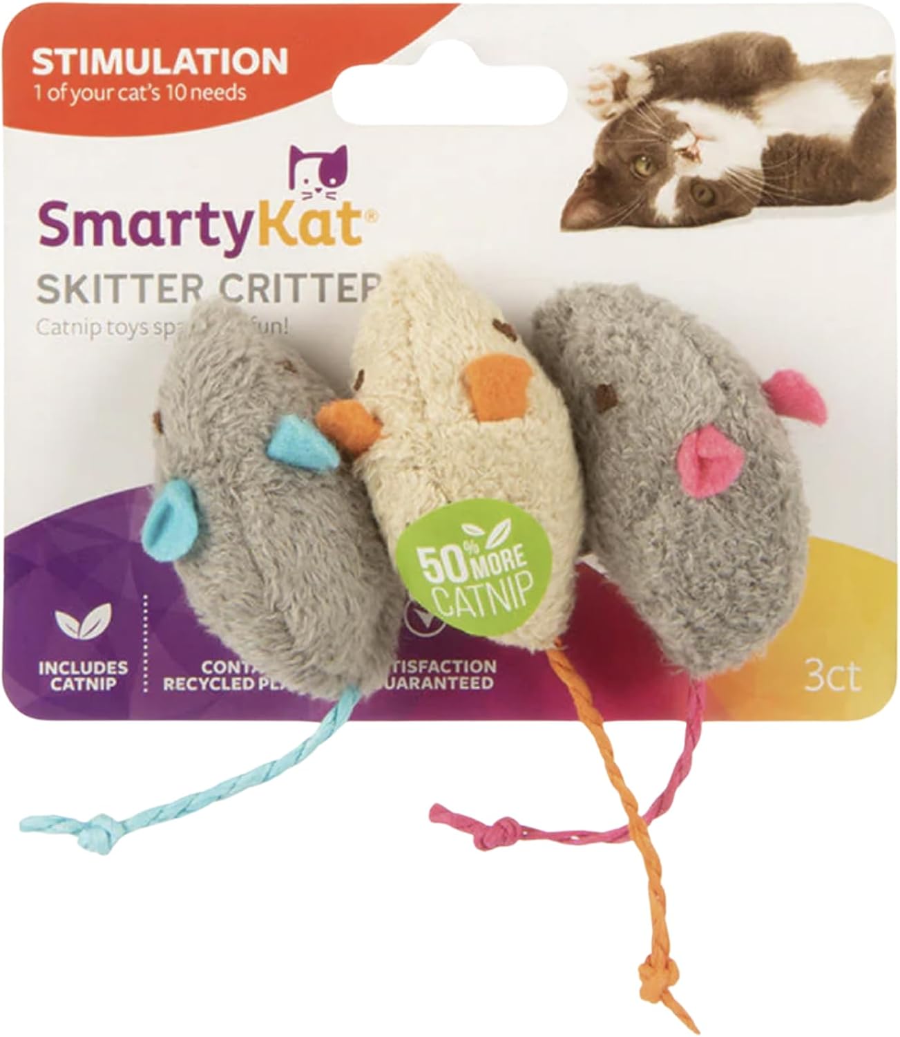 SmartyKat (3 Count) Skitter Critters Catnip Cat Toys - Gray/Cream, 3 Count