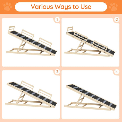 HOOBRO Dog Ramp for Bed, 63" Long Folding Pet Ramp with Non-Slip Mat and Safety Side Rails, 5 Height Adjustable up to 29.5", Wooden Dog Ramp for Couch, for Small/Large Dogs, Natural and Black NB46PT03