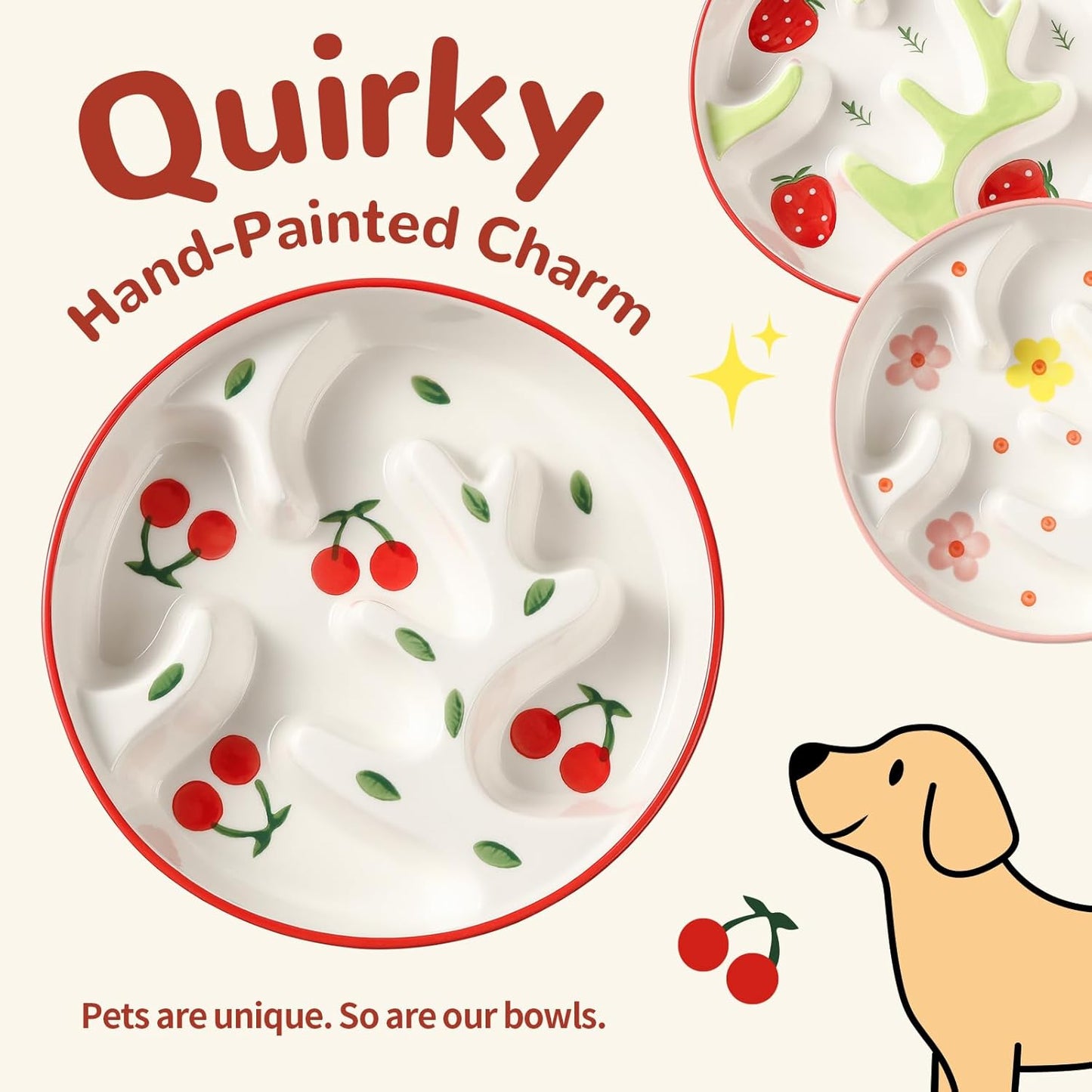 Ceramic Dog Bowl Set for Medium Dogs - Colorful Slow Feeder & Double Water Bowls with Bamboo Stand - Anti-Gulping Food and Water Dish Combo