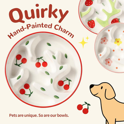 Ceramic Dog Bowl Set for Medium Dogs - Colorful Slow Feeder & Double Water Bowls with Bamboo Stand - Anti-Gulping Food and Water Dish Combo