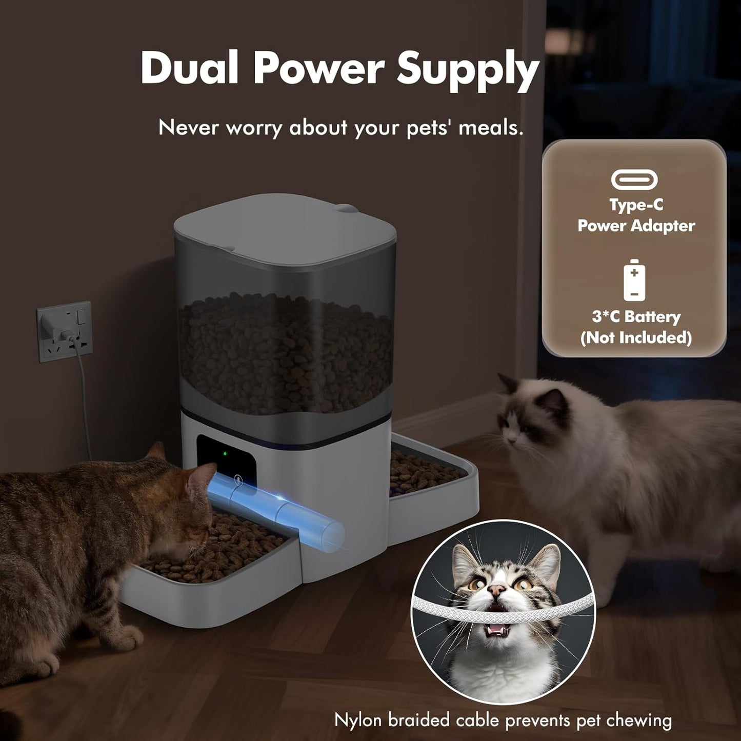 Automatic Cat Feeder for 2 Cats, 6L Automatic Cat Food Dispenser with 2 Stainless Steel Bowls, Timed Dry Food Dispenser with APP Control for Cats and Dogs, Dual Power Supply, 10s Voice Recorder