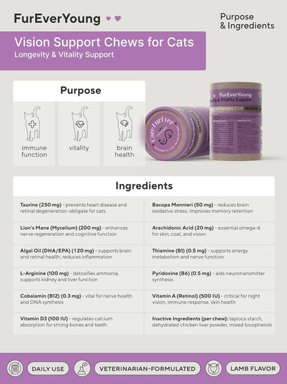 Vitamin Treats for Senior Cats: Vision & Brain Function, Longevity & Overall Vitality, Immune Health for Aging Cats. Enriched with Breakthrough Active Ingredients (30 Days Supply)