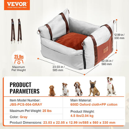 VEVOR Dog Car Seat, Waterproof Dog Booster Seat for Car with Side Handles and a Storage Pocket, Clip-On Safety Leash and PP Cotton Filling, Vehicle Bed for Small Dogs up to 25lbs, Gray
