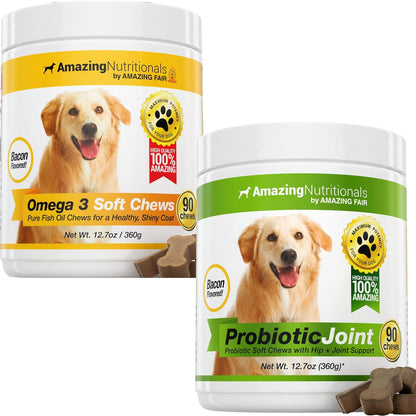 Dog Skin and Coat and Probiotics for Dogs Joint Digestive Bundle - Omega 3 for Dogs Itchy Skin Relief for Dry Skin, Hot Spots and Shedding, Eliminates Joint Pain, Gas and Diarrhea Elimination
